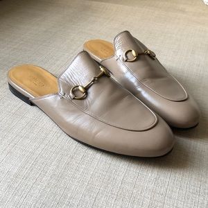 Gucci Brown Leather Princeton Loafers Slippers Open Back Horsebit Tan Nude Beige